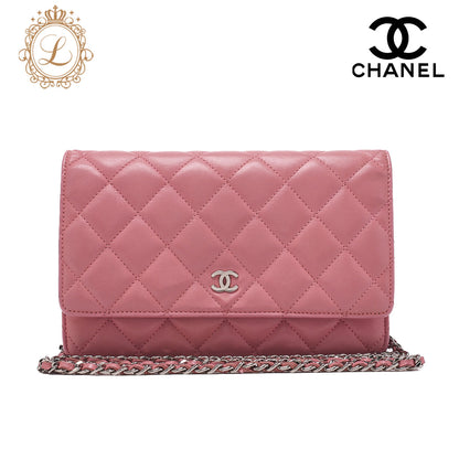 CHANEL Shoulder Bag Chain Wallet Lambskin Pink Gold-Tone Hardware, Pre-Owned