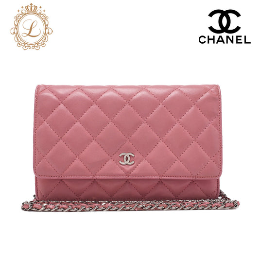 CHANEL Shoulder Bag Chain Wallet Lambskin Pink Gold-Tone Hardware, Pre-Owned