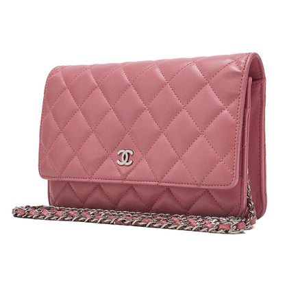 CHANEL Shoulder Bag Chain Wallet Lambskin Pink Gold-Tone Hardware, Pre-Owned