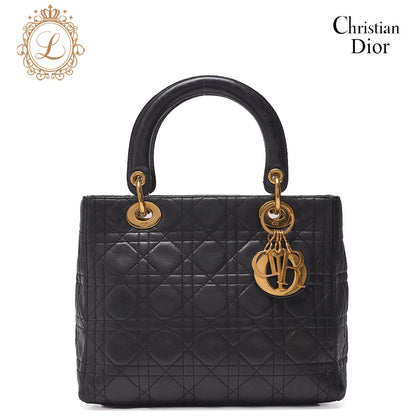 Dior Lady Dior Cannage Handbag Lambskin Black Gold-Tone Hardware, Pre-Owned