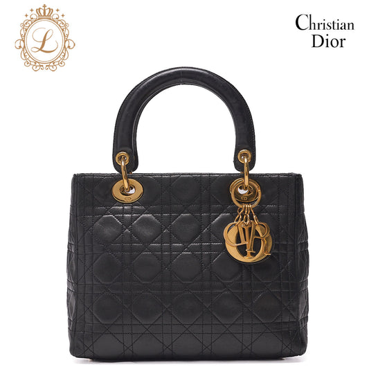 Dior Lady Dior Cannage Handbag Lambskin Black Gold-Tone Hardware, Pre-Owned