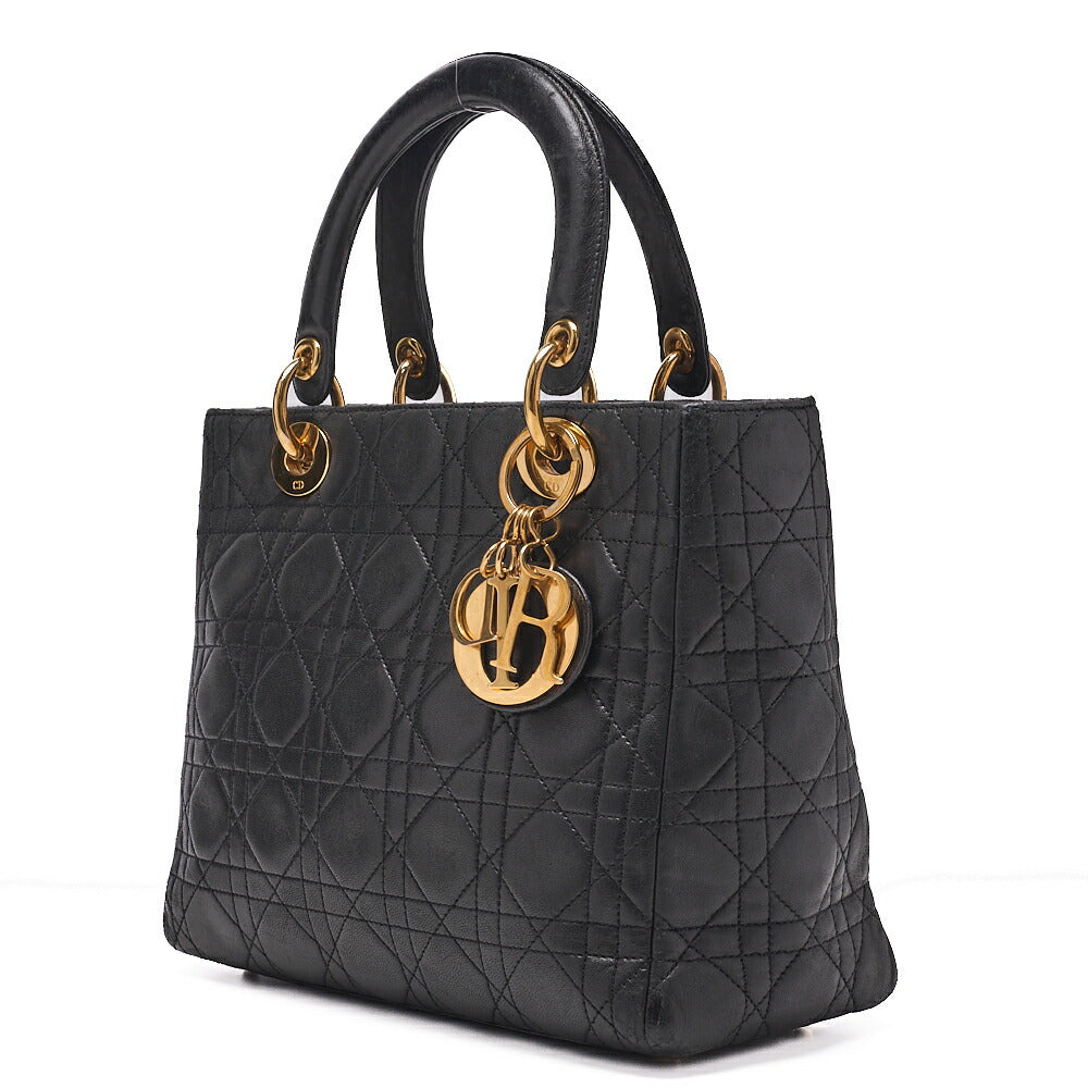 Dior Lady Dior Cannage Handbag Lambskin Black Gold-Tone Hardware, Pre-Owned