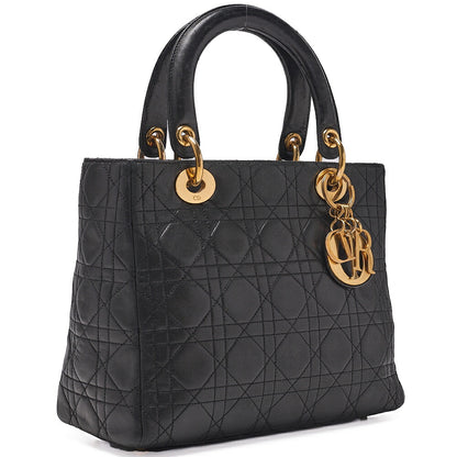 Dior Lady Dior Cannage Handbag Lambskin Black Gold-Tone Hardware, Pre-Owned