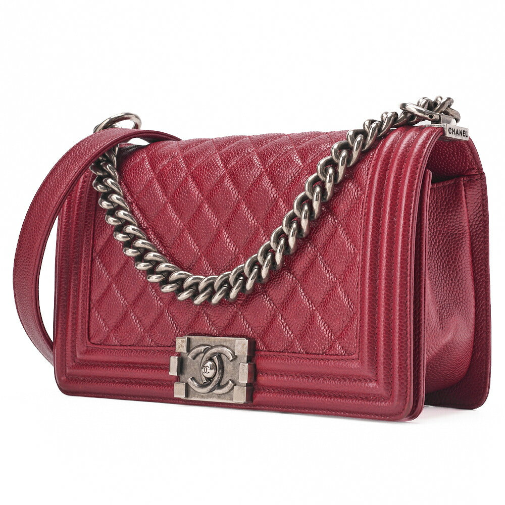CHANEL Boy Chanel Matelassé Chain Shoulder Caviar Skin Red Silver-Tone Hardware, Pre-Owned