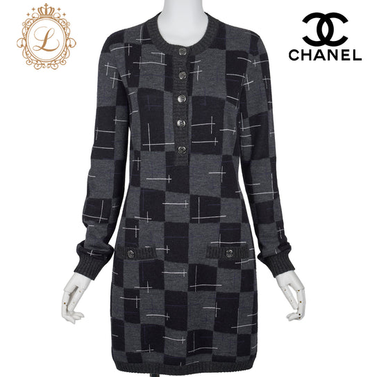 CHANEL Coco Button Logo Dress 36 Grey x Multicolor Knit Top Cardigan Branded  Silver-Tone Hardware, Pre-Owned