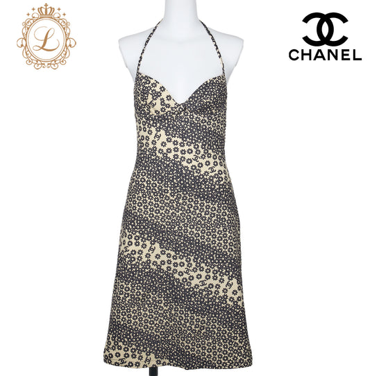 CHANEL Coco Mark Floral Dress 38 Yellow x Black Camisole Tops Skirt Brand   Pre-Owned