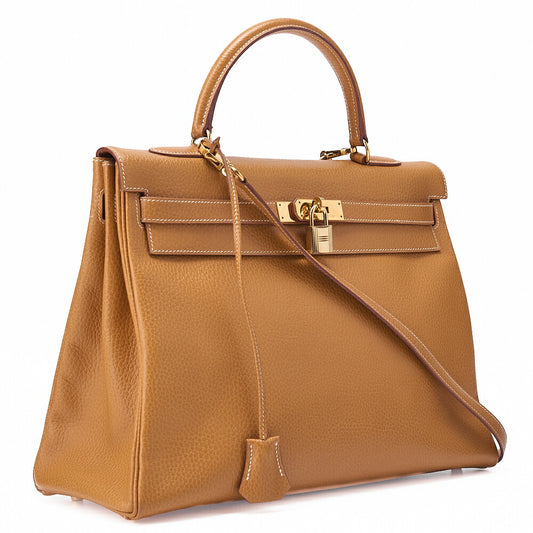 HERMES Kelly 35 Handbag Inseam Ardennes Natural Gold-Tone Hardware, Pre-Owned