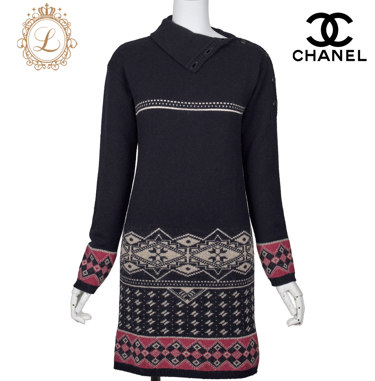 CHANEL Coco Button Knit Dress 34 Navy Top Skirt Long Sleeve Branded Silver-Tone Hardware, Pre-Owned