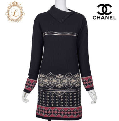 CHANEL Coco Button Knit Dress 34 Navy Top Skirt Long Sleeve Branded Silver-Tone Hardware, Pre-Owned
