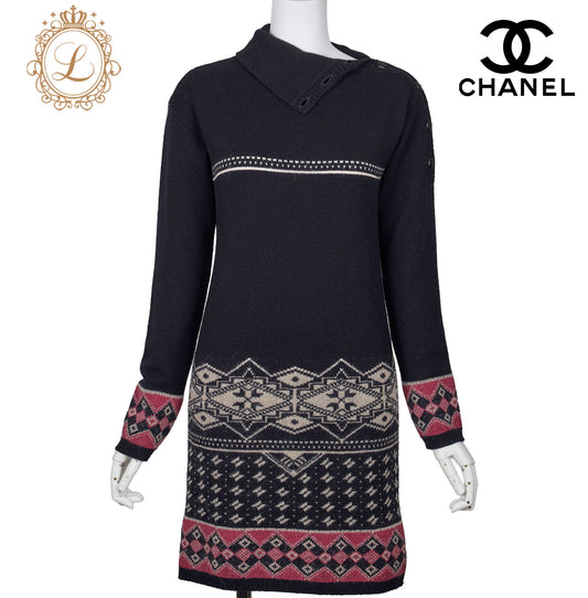 CHANEL Coco Button Knit Dress 34 Navy Top Skirt Long Sleeve Branded Silver-Tone Hardware, Pre-Owned