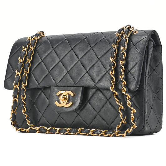 CHANEL Chain Shoulder Bag Matelassé Double Flap 23cm Lambskin Black Gold-Tone Hardware, Pre-Owned