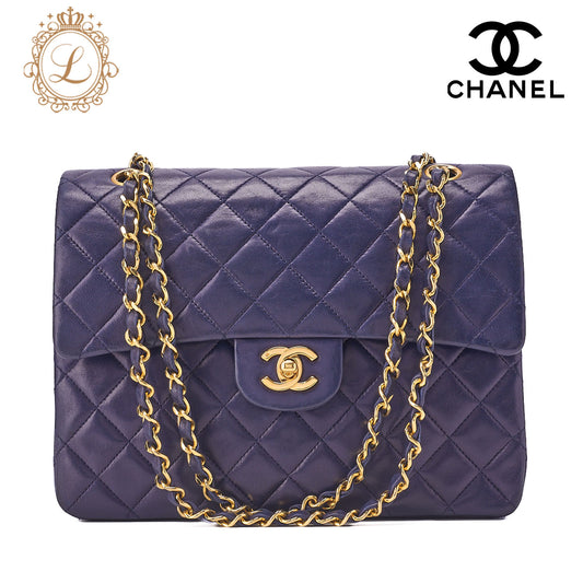 CHANEL Chain Shoulder Matelassé Double Flap 25cm Square Lambskin Navy Gold-Tone Hardware, Pre-Owned