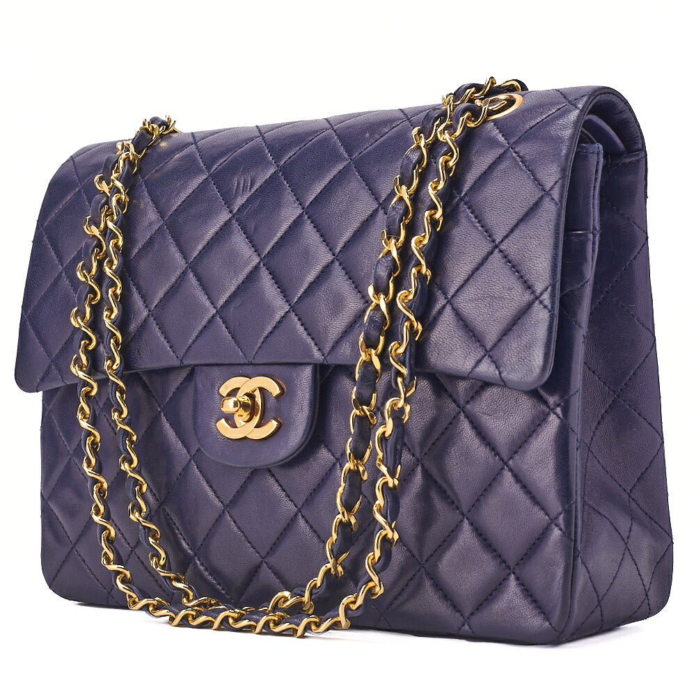 CHANEL Chain Shoulder Matelassé Double Flap 25cm Square Lambskin Navy Gold-Tone Hardware, Pre-Owned