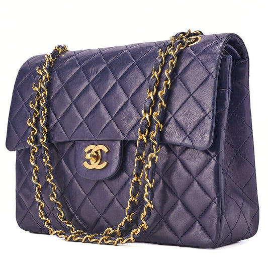 CHANEL Chain Shoulder Matelassé Double Flap 25cm Square Lambskin Navy Gold-Tone Hardware, Pre-Owned