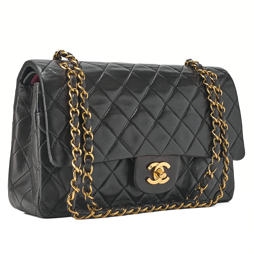 CHANEL Shoulder Bag Matelassé Double Flap 25cm Chain Shoulder Lambskin Black Gold-Tone Hardware, Pre-Owned