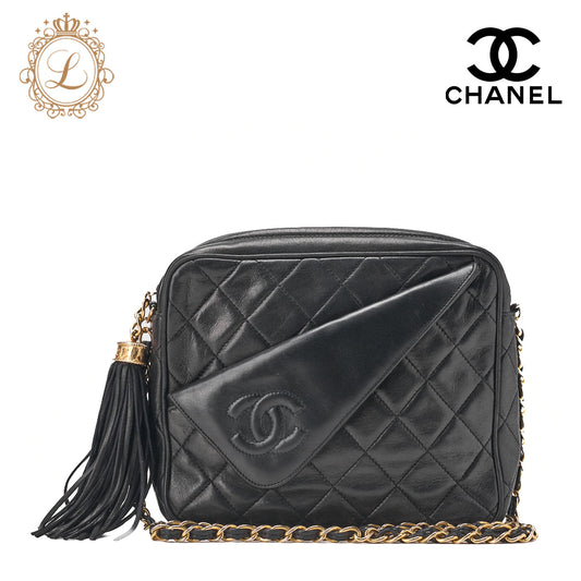 CHANEL Matelassé Coco Mark Fringe Chain Shoulder Lambskin Black Gold-Tone Hardware, Pre-Owned