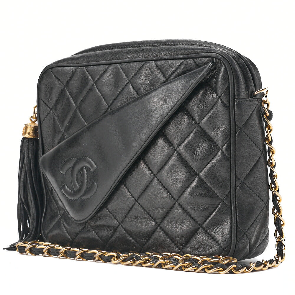 CHANEL Matelassé Coco Mark Fringe Chain Shoulder Lambskin Black Gold-Tone Hardware, Pre-Owned