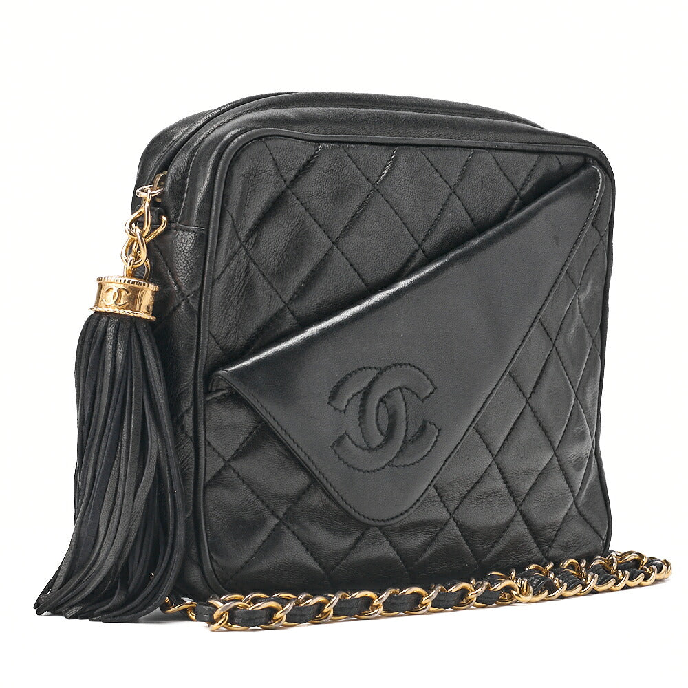 CHANEL Matelassé Coco Mark Fringe Chain Shoulder Lambskin Black Gold-Tone Hardware, Pre-Owned