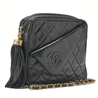 CHANEL Matelassé Coco Mark Fringe Chain Shoulder Lambskin Black Gold-Tone Hardware, Pre-Owned