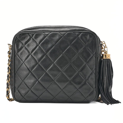 CHANEL Matelassé Coco Mark Fringe Chain Shoulder Lambskin Black Gold-Tone Hardware, Pre-Owned