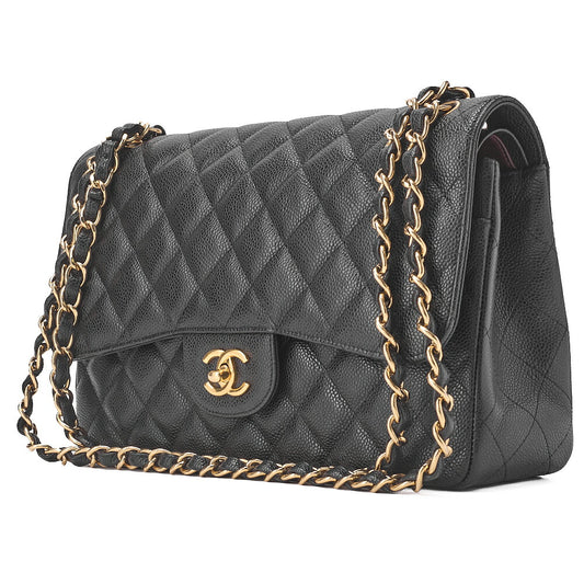 CHANEL Chain Shoulder Bag Deca Matelassé Double Flap 30cm Caviar Skin Black Gold-Tone Hardware, Pre-Owned