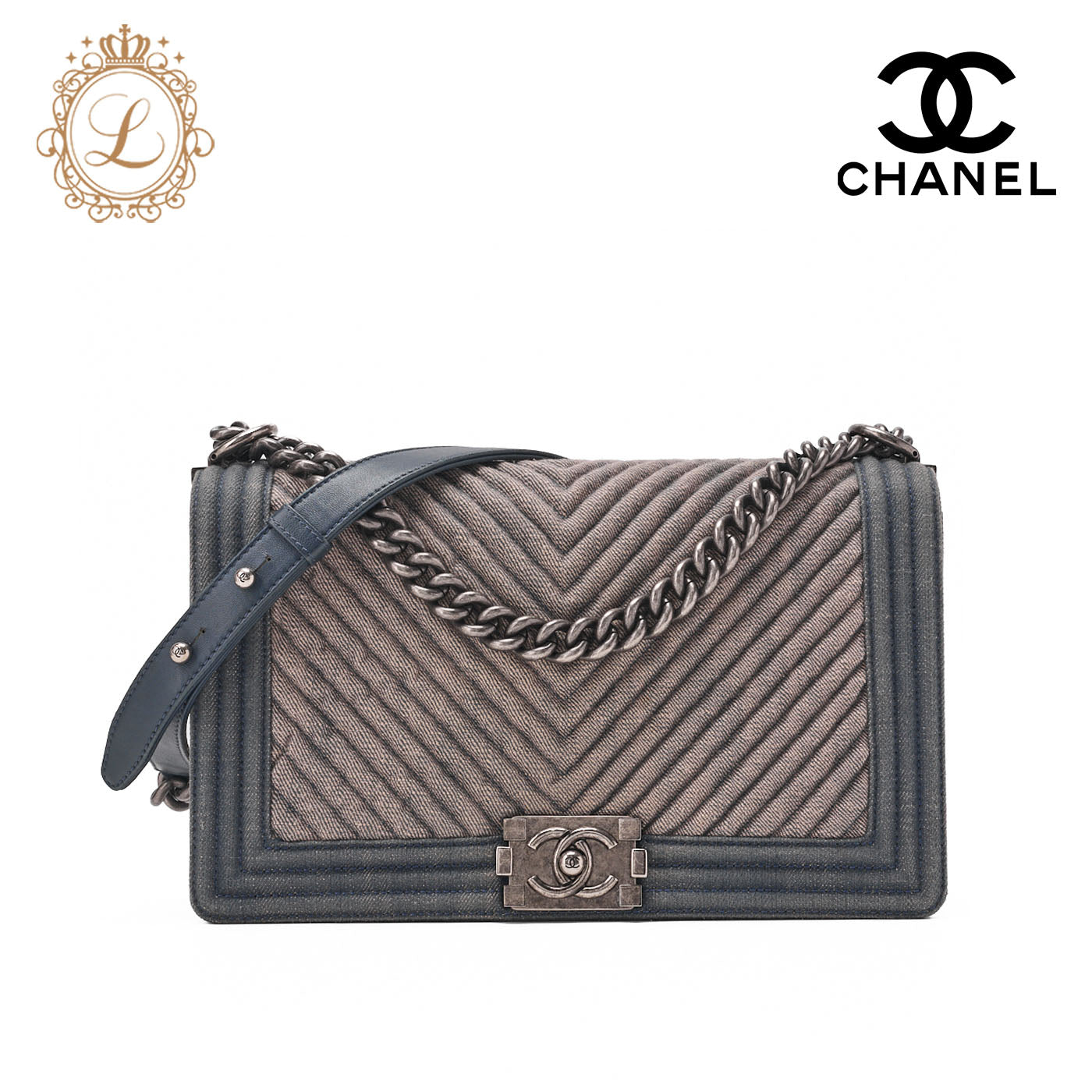 CHANEL Boy Chanel V Stitch Chain Shoulder Denim Large Size Blue Silver-Tone Hardware, Pre-Owned