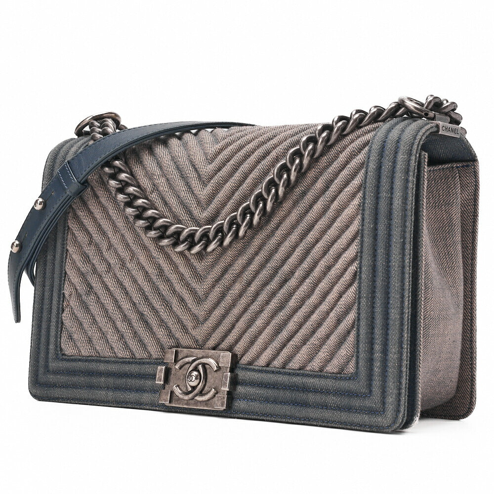 CHANEL Boy Chanel V Stitch Chain Shoulder Denim Large Size Blue Silver-Tone Hardware, Pre-Owned
