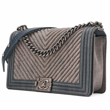 CHANEL Boy Chanel V Stitch Chain Shoulder Denim Large Size Blue Silver-Tone Hardware, Pre-Owned
