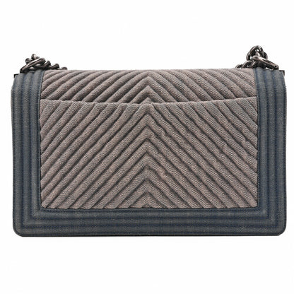 CHANEL Boy Chanel V Stitch Chain Shoulder Denim Large Size Blue Silver-Tone Hardware, Pre-Owned