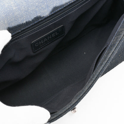 CHANEL Boy Chanel V Stitch Chain Shoulder Denim Large Size Blue Silver-Tone Hardware, Pre-Owned