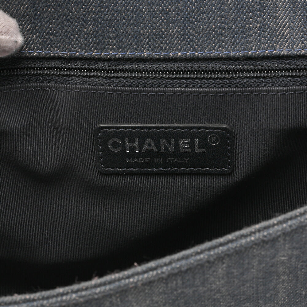 CHANEL Boy Chanel V Stitch Chain Shoulder Denim Large Size Blue Silver-Tone Hardware, Pre-Owned