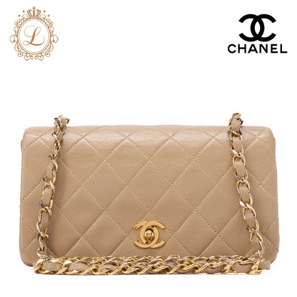 CHANEL Chain Shoulder Bag Mini Matelassé 18cm Lambskin Beige Full Flap Turnlock Gold-Tone Hardware, Pre-Owned