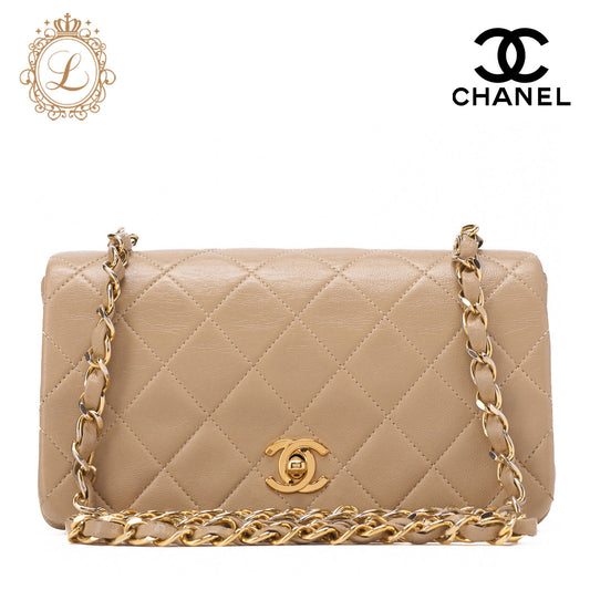 CHANEL Chain Shoulder Bag Mini Matelassé 18cm Lambskin Beige Full Flap Turnlock Gold-Tone Hardware, Pre-Owned