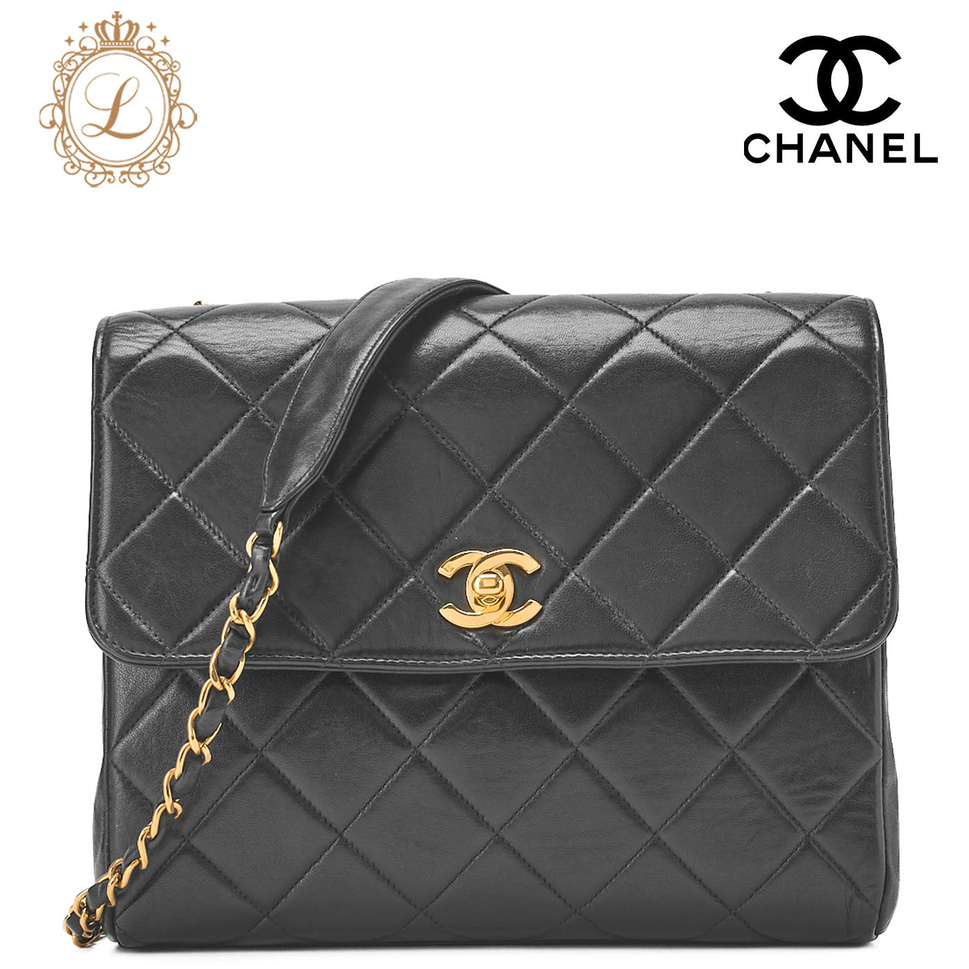 CHANEL Chain Shoulder Bag Matelassé Turnlock Square Lambskin Black Gold-Tone Hardware, Pre-Owned