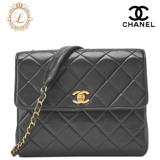 CHANEL Chain Shoulder Bag Matelassé Turnlock Square Lambskin Black Gold-Tone Hardware, Pre-Owned