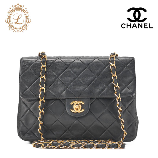 CHANEL Chain Shoulder Bag Mini Matelassé 20cm Lambskin Black Single Flap Turnlock Gold-Tone Hardware, Pre-Owned