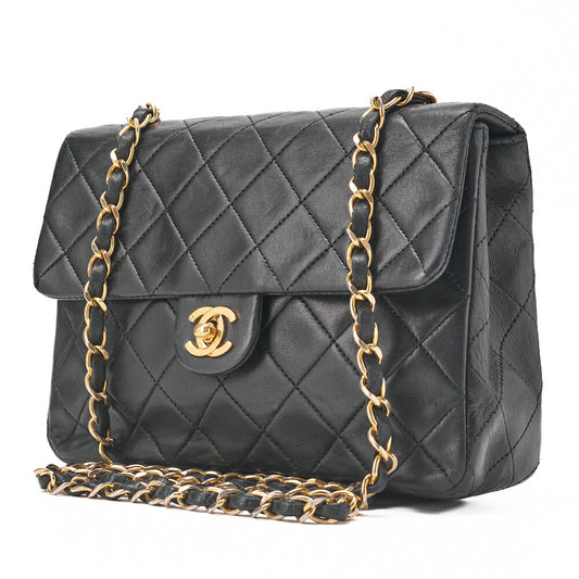 CHANEL Chain Shoulder Bag Mini Matelassé 20cm Lambskin Black Single Flap Turnlock Gold-Tone Hardware, Pre-Owned