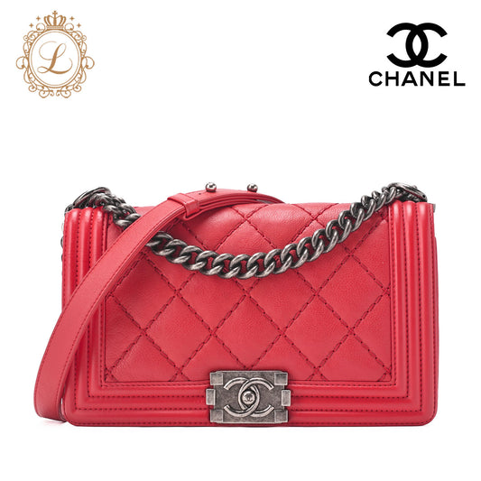 CHANEL Boy Chanel Matelassé Chain Shoulder Calfskin Red Silver-Tone Hardware, Pre-Owned