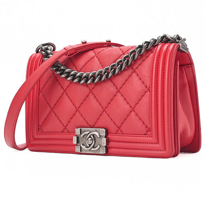 CHANEL Boy Chanel Matelassé Chain Shoulder Calfskin Red Silver-Tone Hardware, Pre-Owned
