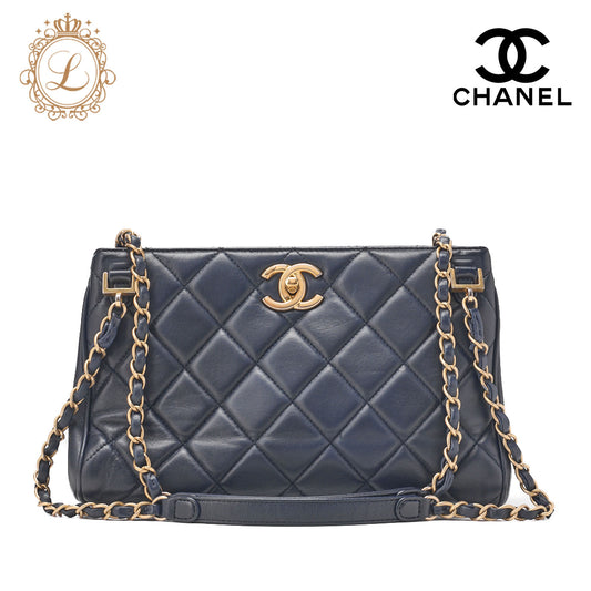 CHANEL Chain Shoulder Matelassé Bicolore Calfskin Navy Gold-Tone Hardware, Pre-Owned