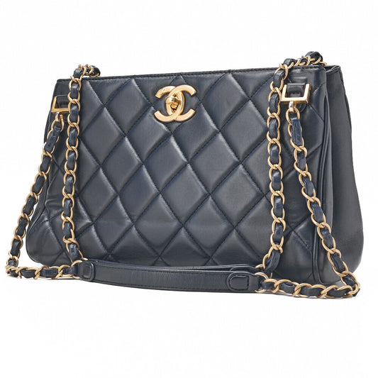 CHANEL Chain Shoulder Matelassé Bicolore Calfskin Navy Gold-Tone Hardware, Pre-Owned