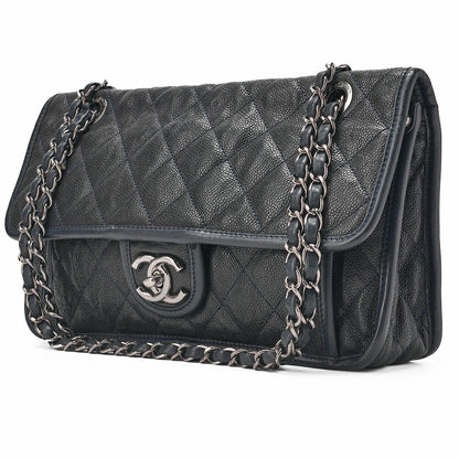 CHANEL Chain Shoulder Bag Matelassé Single Flap Turnlock Caviar Skin Navy Silver-Tone Hardware, Pre-Owned