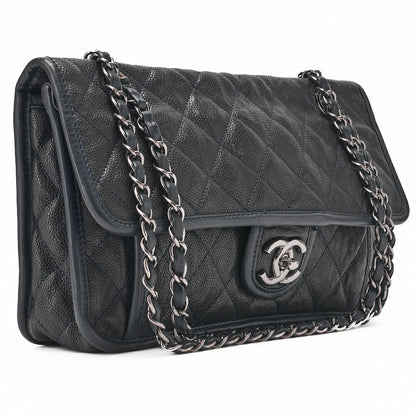 CHANEL Chain Shoulder Bag Matelassé Single Flap Turnlock Caviar Skin Navy Silver-Tone Hardware, Pre-Owned