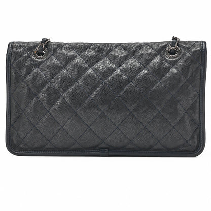 CHANEL Chain Shoulder Bag Matelassé Single Flap Turnlock Caviar Skin Navy Silver-Tone Hardware, Pre-Owned