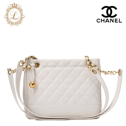 CHANEL Chain Shoulder Bag  Matelassé Ball Charm Caviar Skin White Gold-Tone Hardware, Pre-Owned