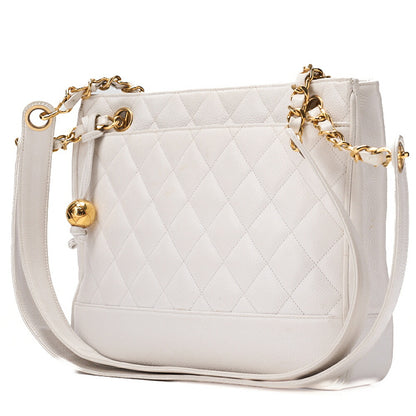 CHANEL Chain Shoulder Bag  Matelassé Ball Charm Caviar Skin White Gold-Tone Hardware, Pre-Owned