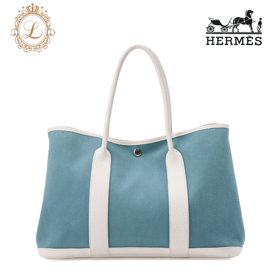 HERMES Garden Party PM Tote Bag to Negonda x Canvas Blue Sun Seal x White Silver-Tone Hardware, Pre-Owned
