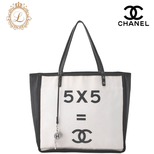 CHANEL Tote Bag Coco Mark Canvas with Whistle Charm White x Black Silver-Tone Hardware, Pre-Owned