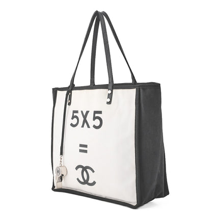 CHANEL Tote Bag Coco Mark Canvas with Whistle Charm White x Black Silver-Tone Hardware, Pre-Owned
