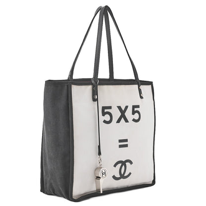 CHANEL Tote Bag Coco Mark Canvas with Whistle Charm White x Black Silver-Tone Hardware, Pre-Owned